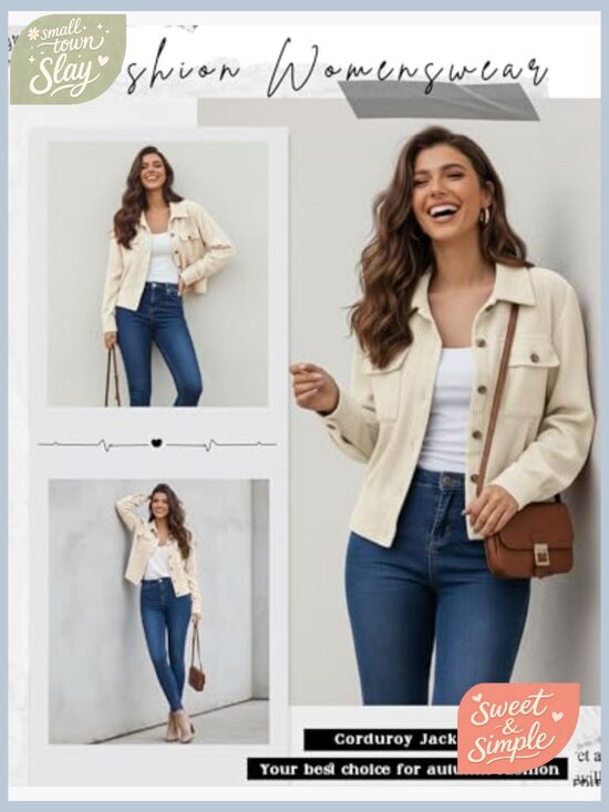 Cropped Corduroy Shacket Button Down Jacket Long Sleeve Casual Fall Winter - Picture 4 of 6